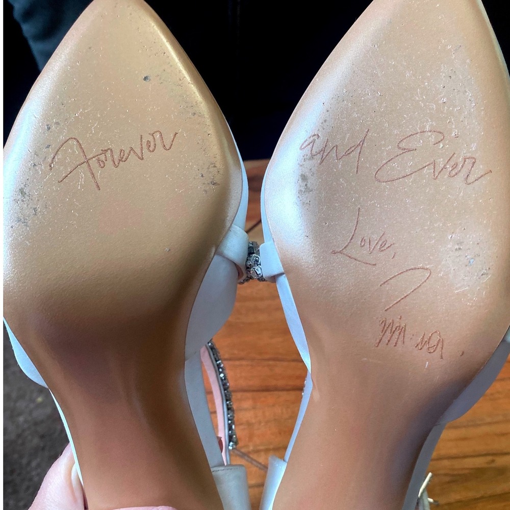 Pnina Tornai White Satin Pointed Toe Heels with Crystal Cross Straps - Picture 7 of 13